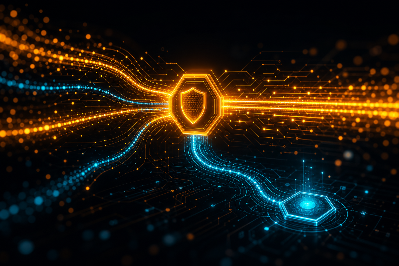A glowing safety gateway: most data streams pass straight through in amber while a few are rerouted along a cyan fallback path to a secondary node